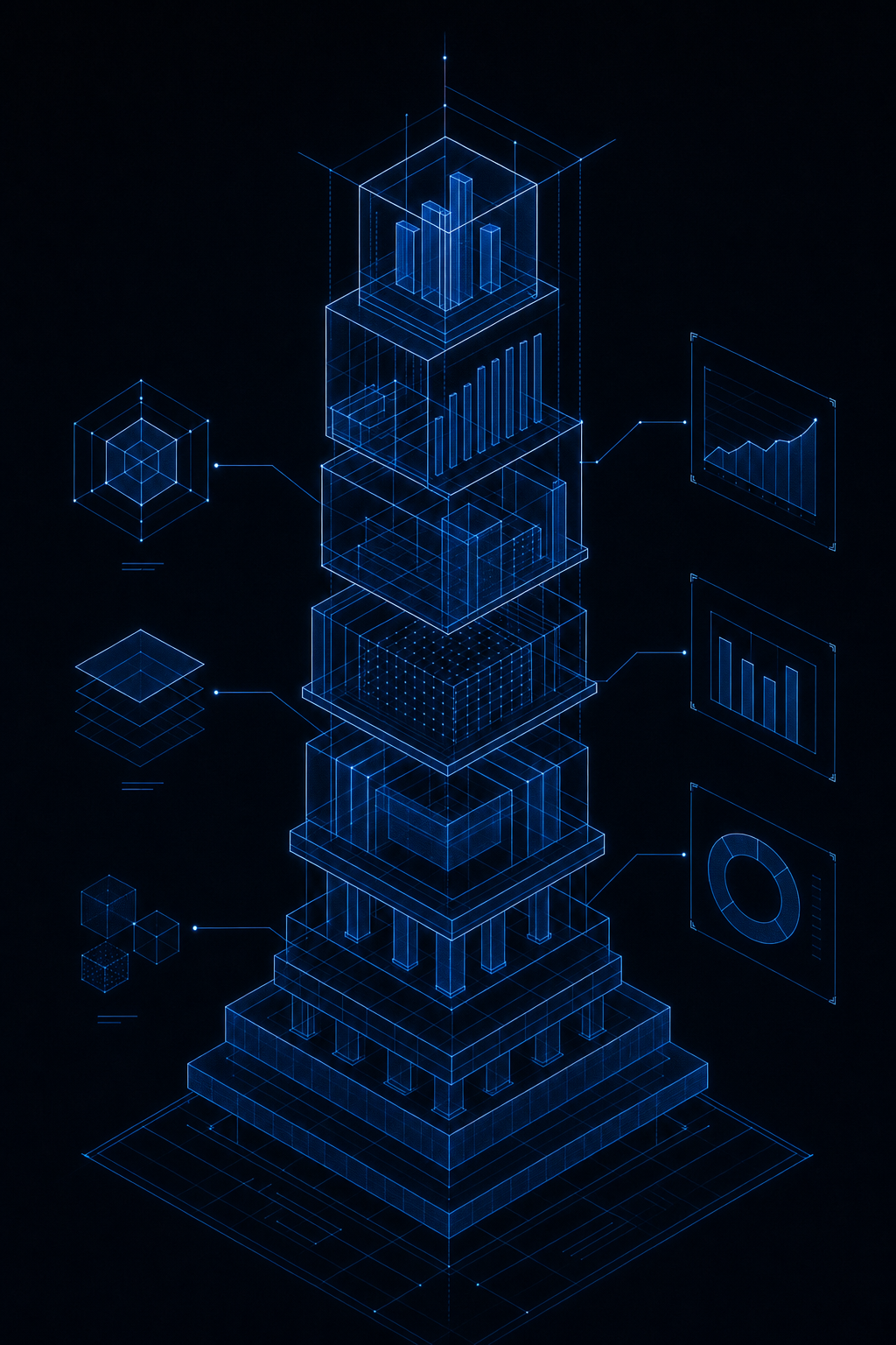 Abstract blueprint visualization of a layered credit profile rendered in electric blue technical line work