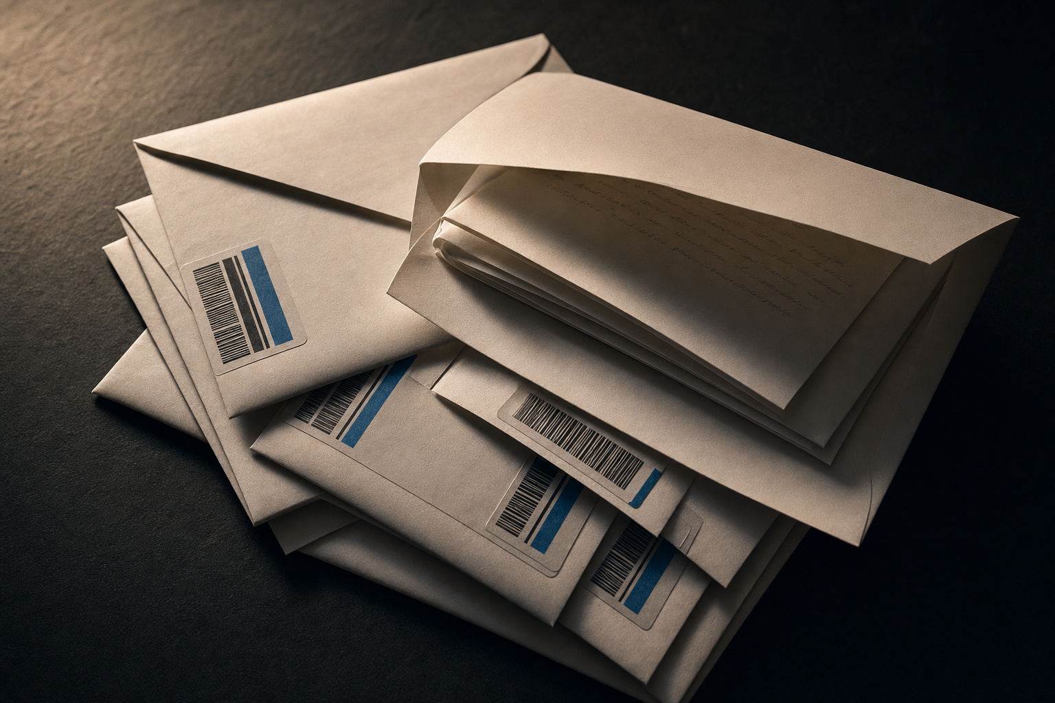 Stack of certified mail envelopes with tracking labels and a folded letter visible