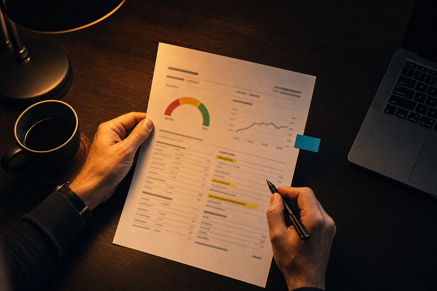 Hands reviewing a printed credit report with highlighted lines and a blue marker